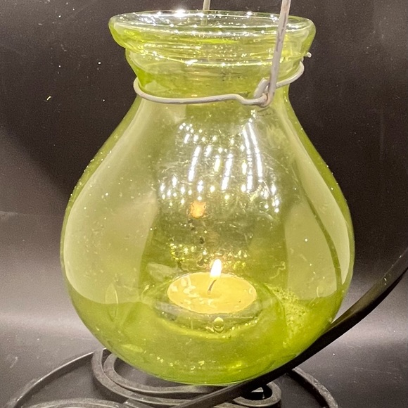 Outdoor glass tea light hanging lantern globe yellow bulbous indent candle - Picture 1 of 13